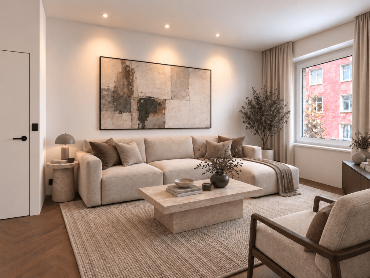 01_Wohnzimmer_moebliert_Variante_A 3 Spots mit Vorhang